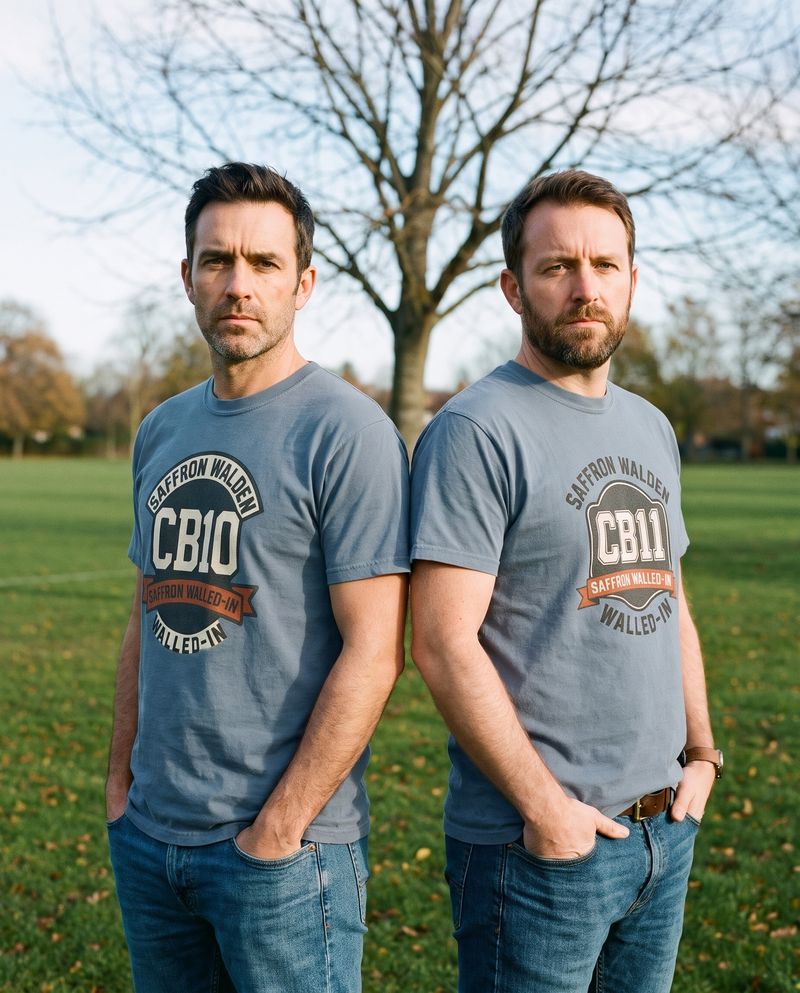 Two friends back to back on a grassy common, one in the CB10 tee and one in the CB11 tee