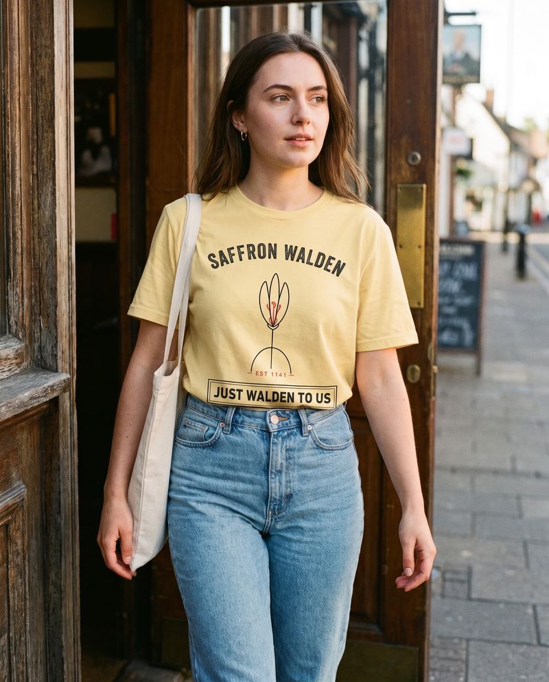 Woman in the butter-yellow JUST WALDEN tee and jeans stepping out of an old timber doorway