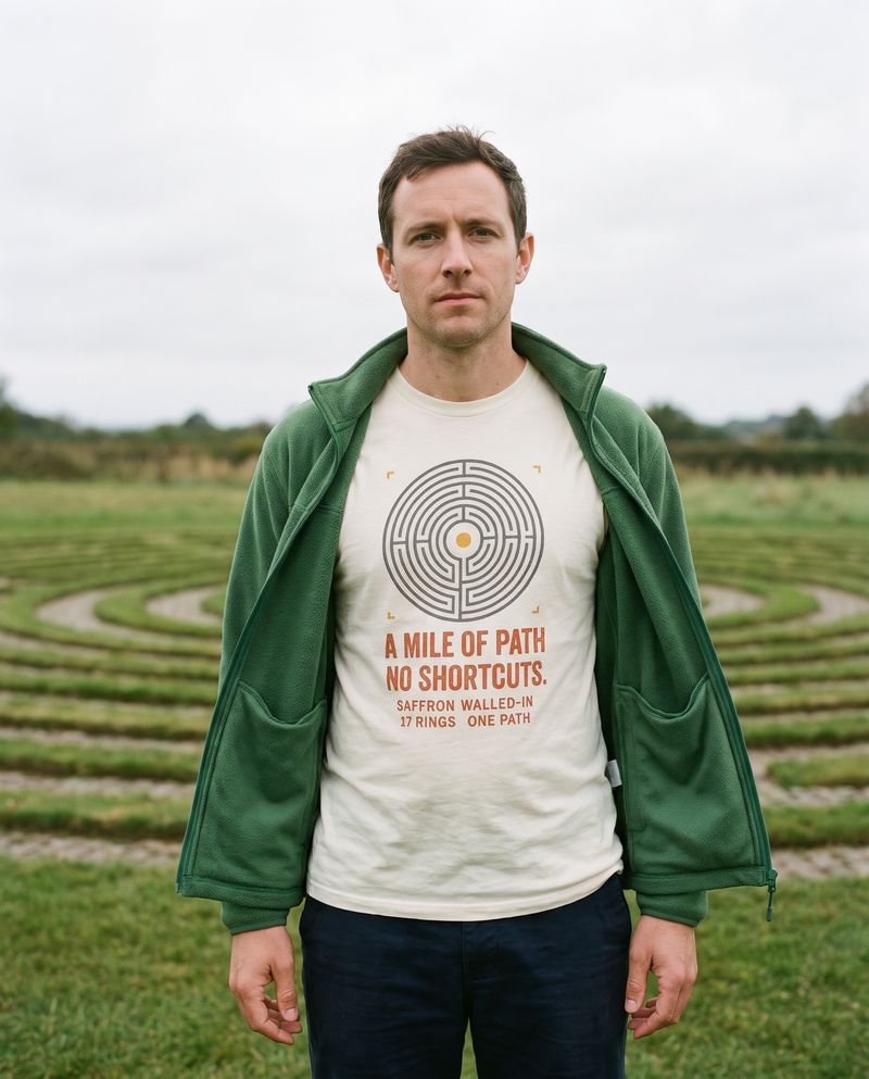 Man in the ivory NO SHORTCUTS tee and a green fleece standing beside a turf maze