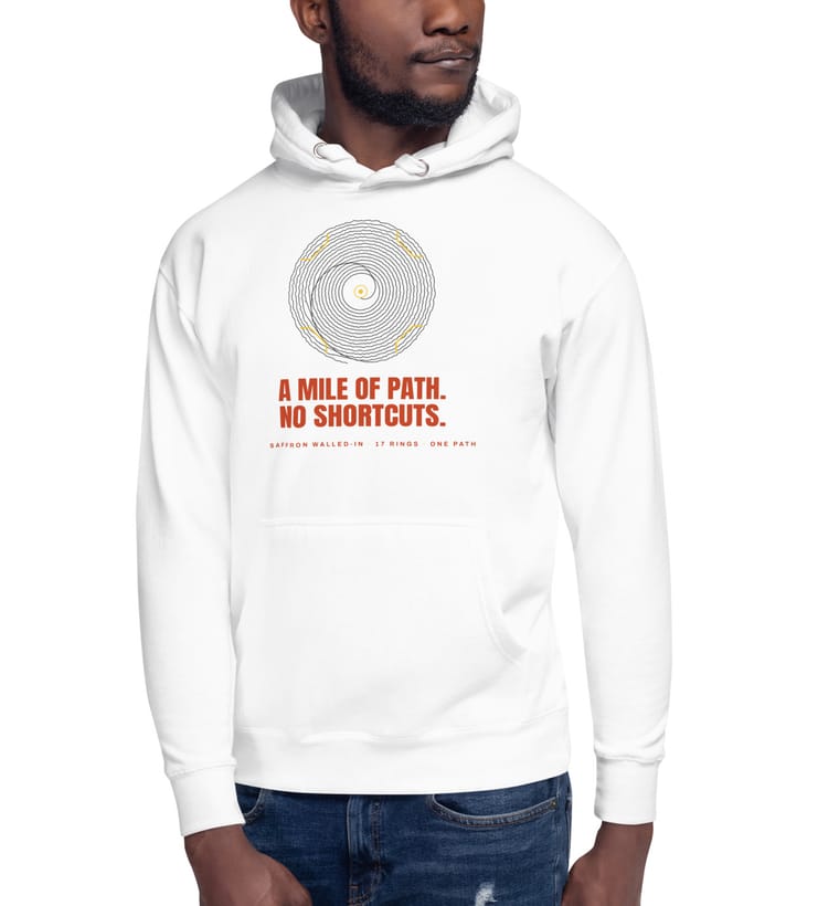NO SHORTCUTS hoodie in white, worn