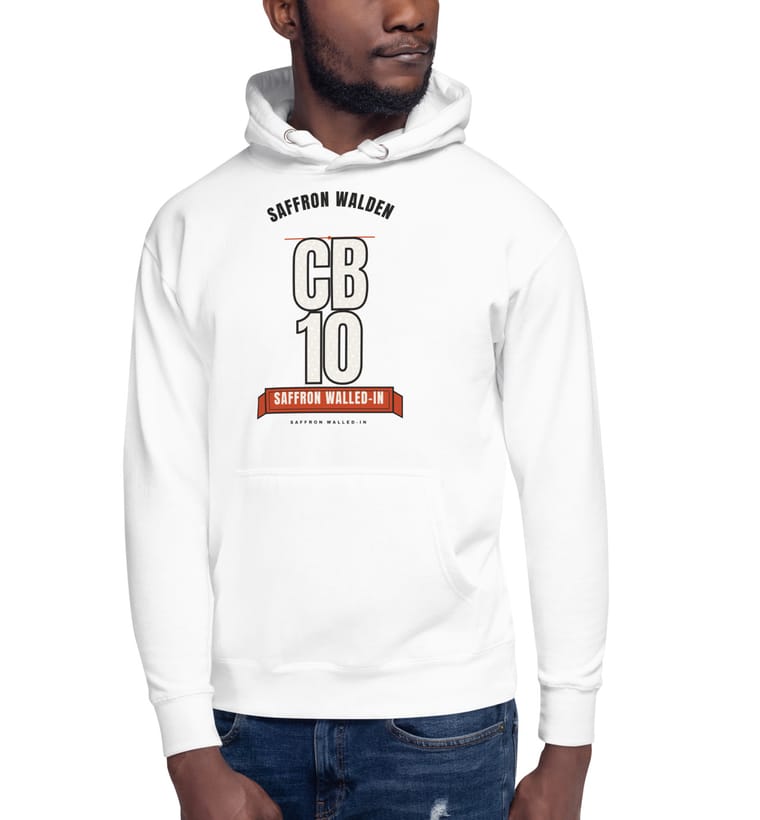 POSTCODE PRIDE hoodie in white, worn