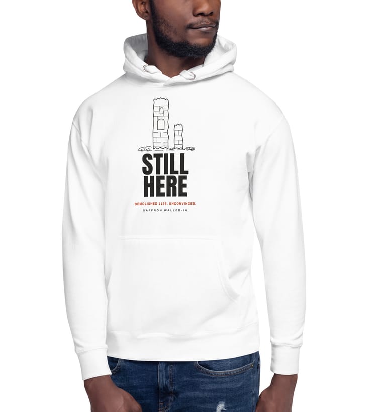 STILL HERE hoodie in white, worn