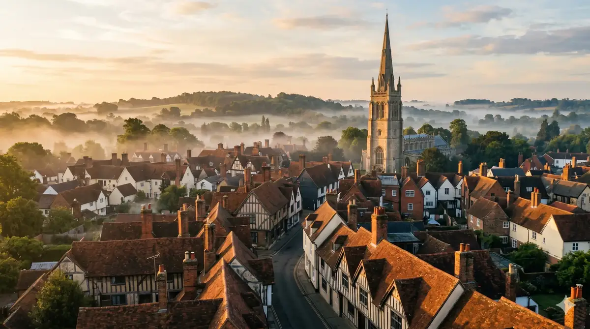 Saffron Walden rooftops and St Mary's spire at dawn